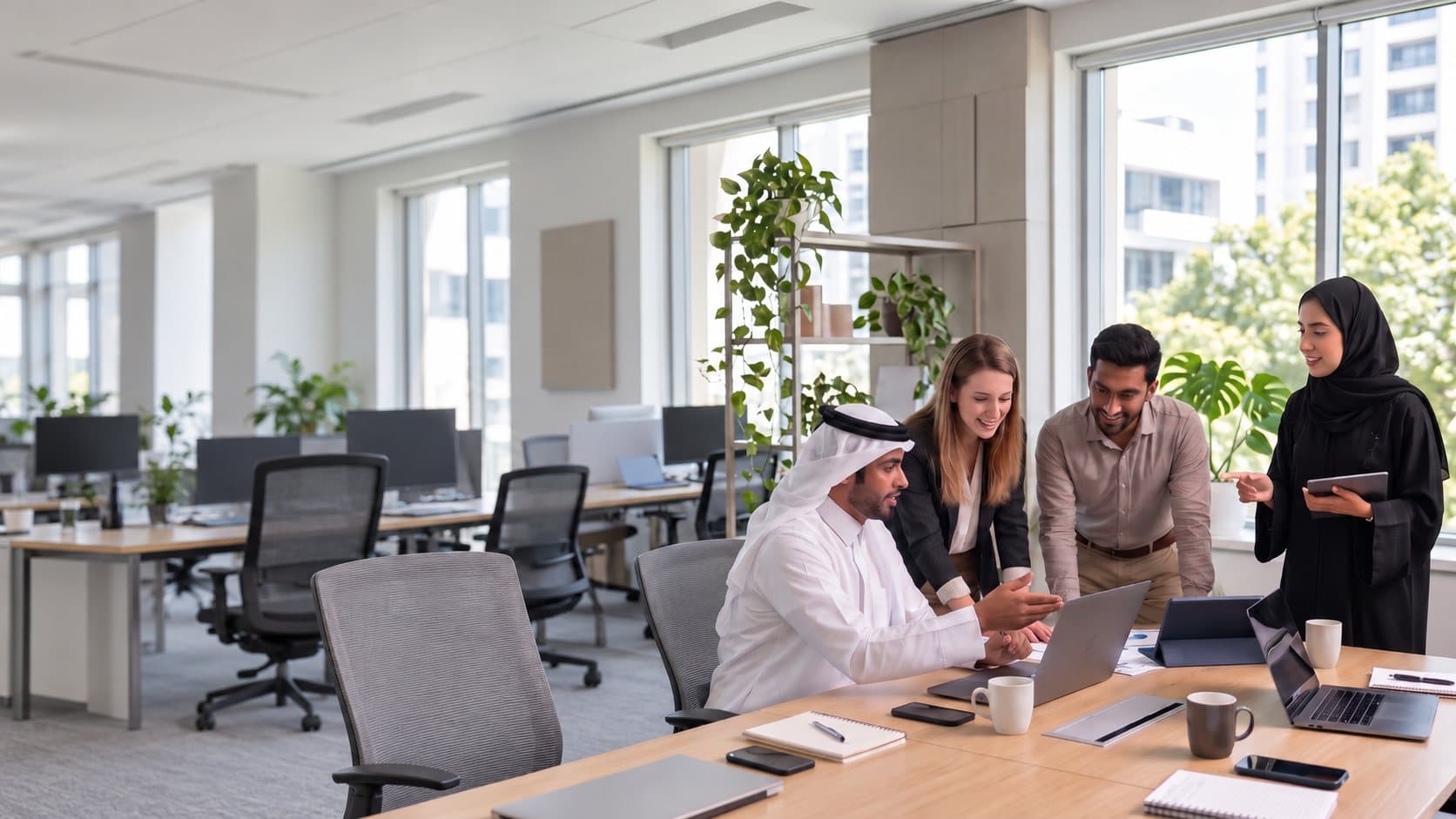 Four colleagues in a bright office gathered around a laptop and a tablet