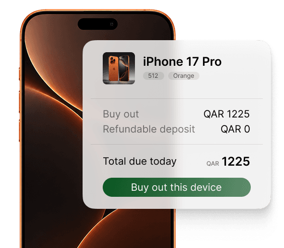 An iPhone 17 Pro behind a buy-out summary: total due today QAR 1225