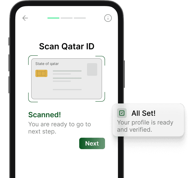 The Revio app scanning a Qatar ID, confirming the profile is verified