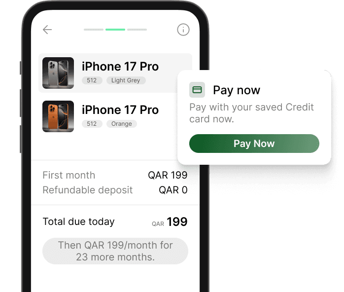 The Revio app showing a device choice and a first payment of QAR 199